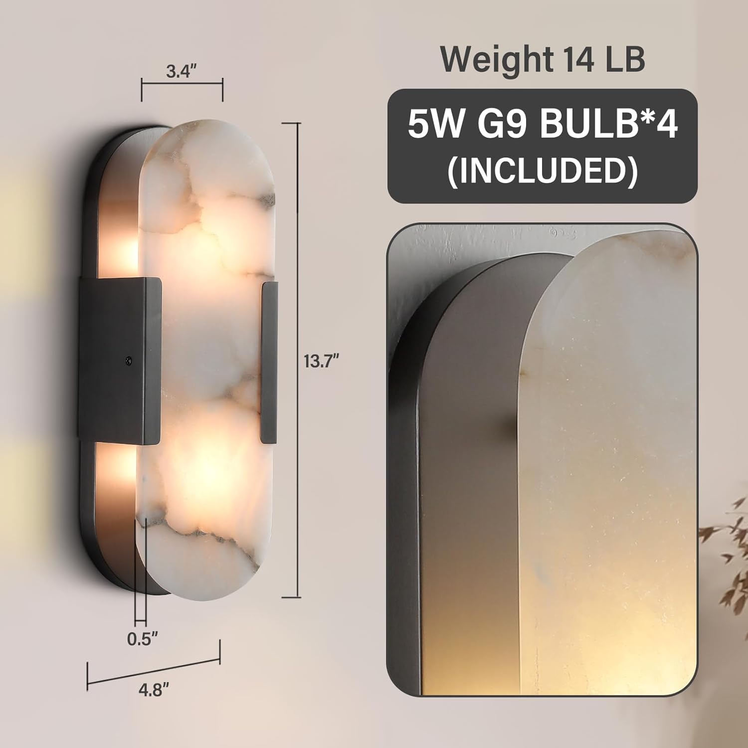 Black Alabaster Wall Sconces Set: Natural Marble Bedside Lighting Fixtures