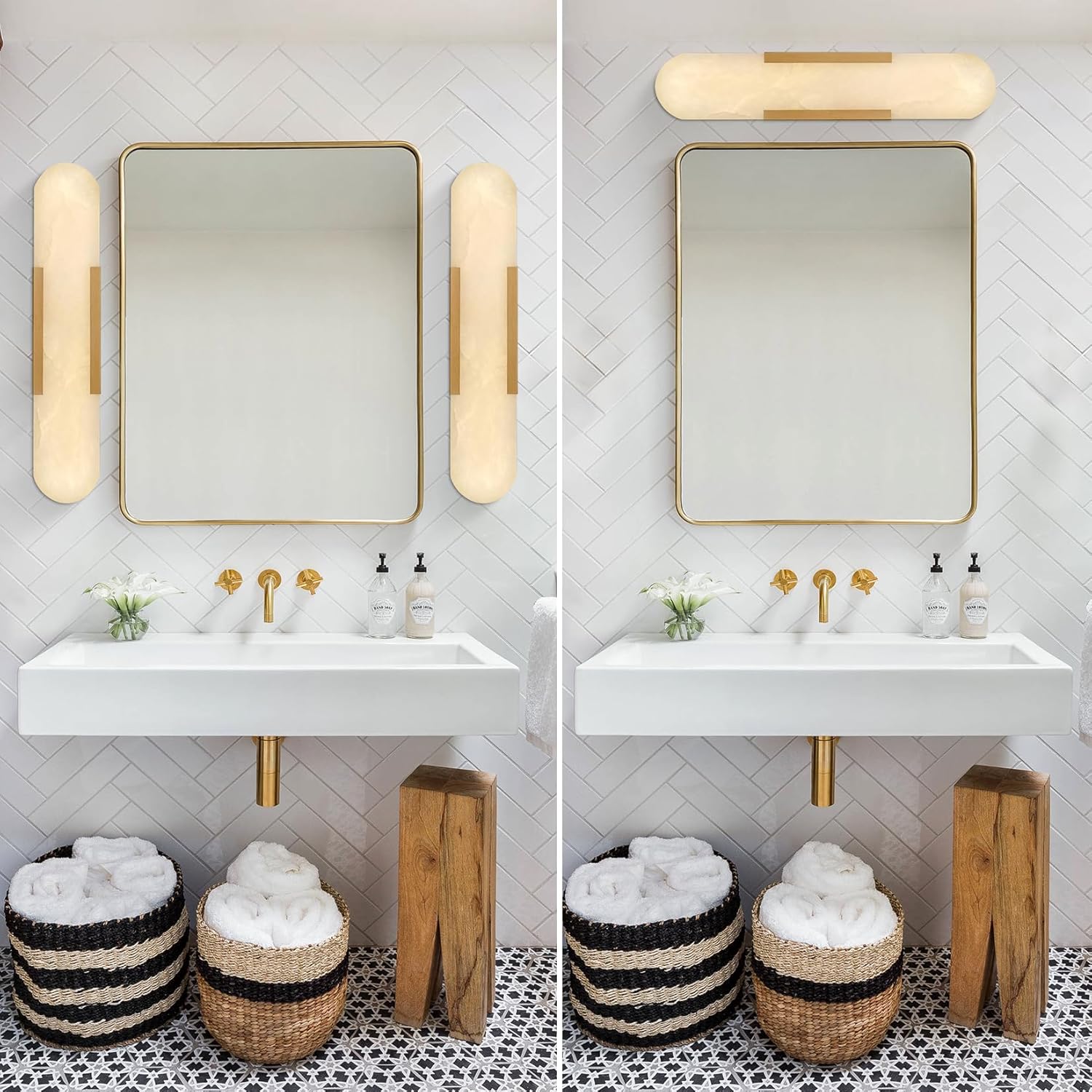 Elegant Alabaster Wall Sconces Set of Two with Brass Finish, 19.7''