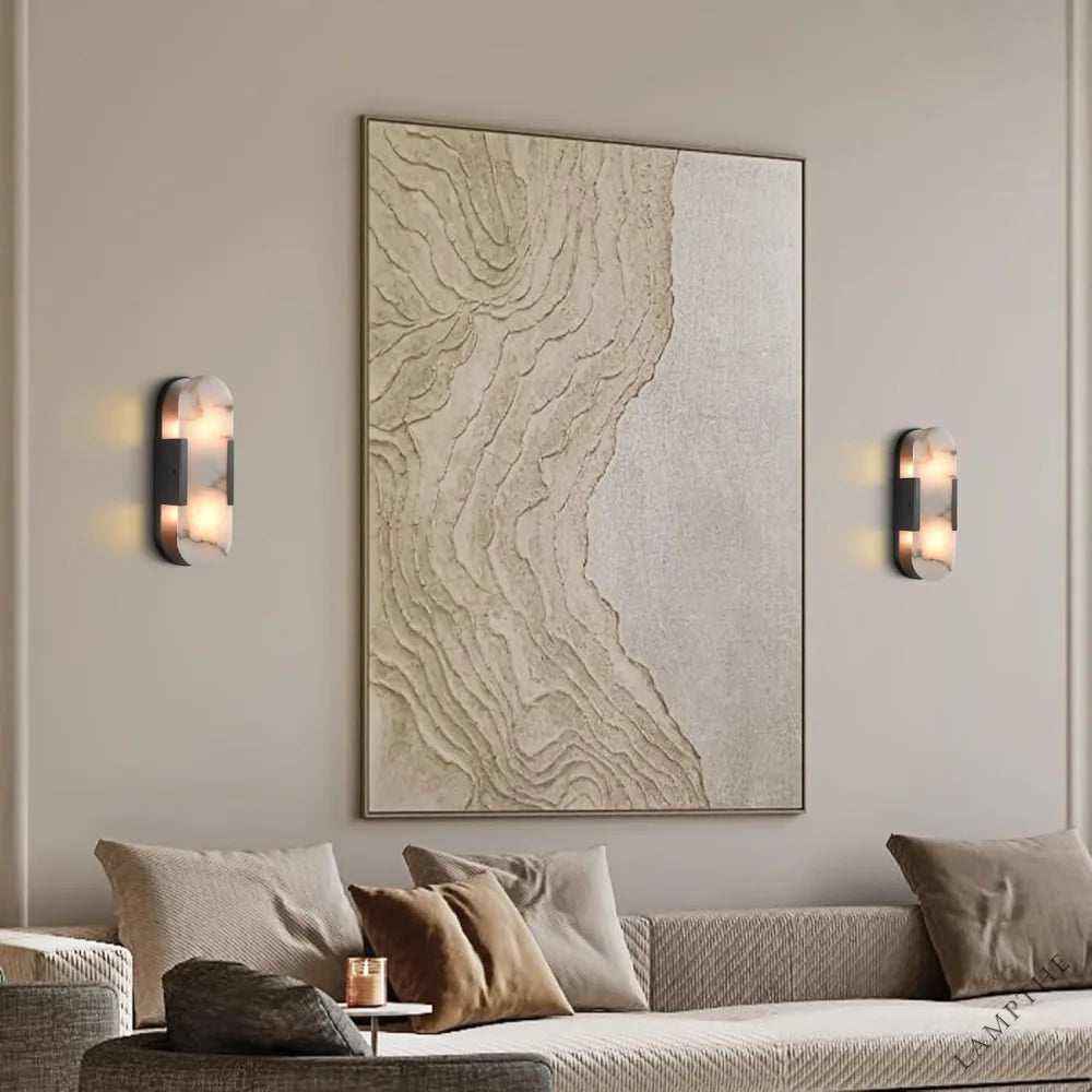 Black Alabaster Wall Sconces Set: Natural Marble Bedside Lighting Fixtures