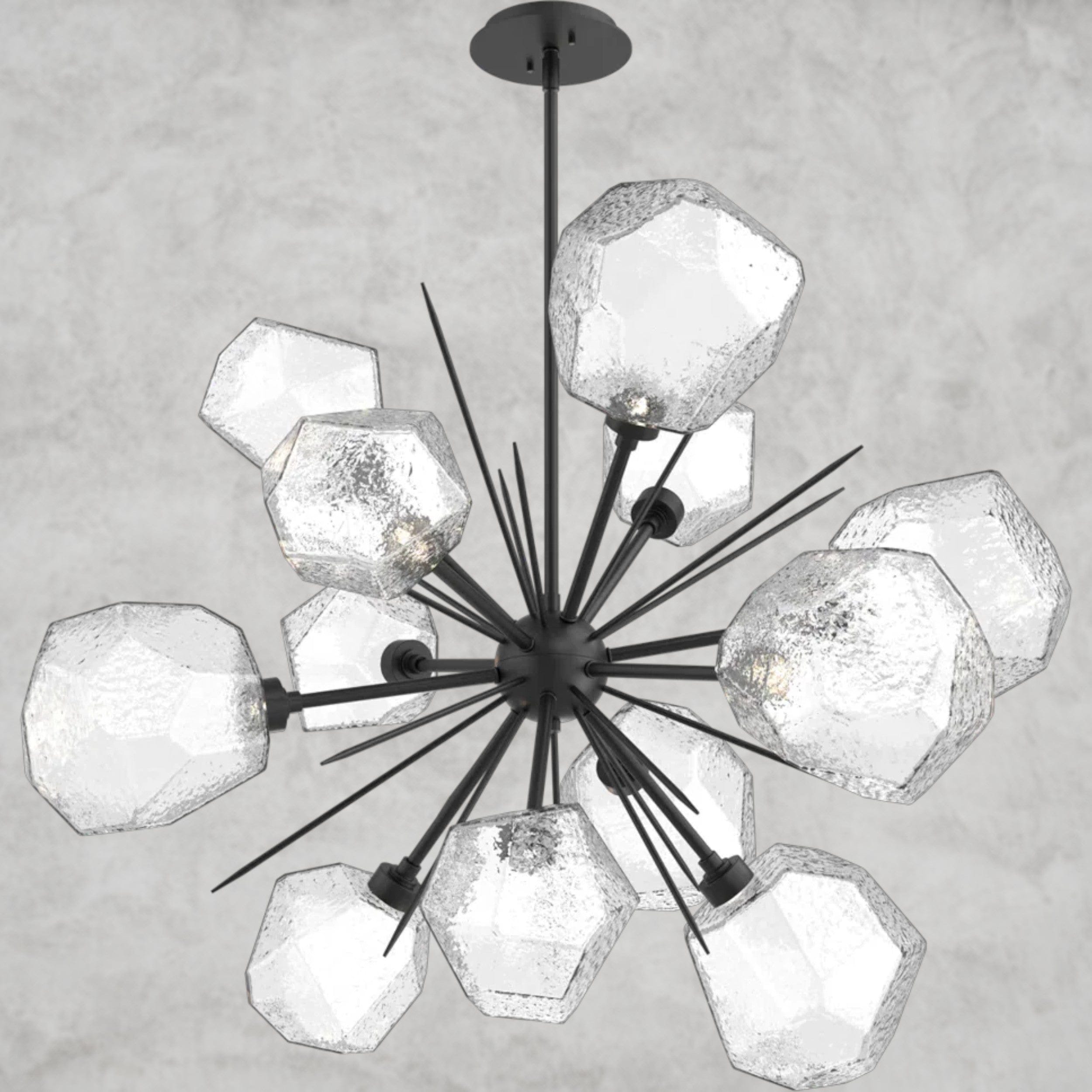78.3" H x 38.4" Wx 38.4" D / Black / Clear Glass Gem Starburst Chandelier
