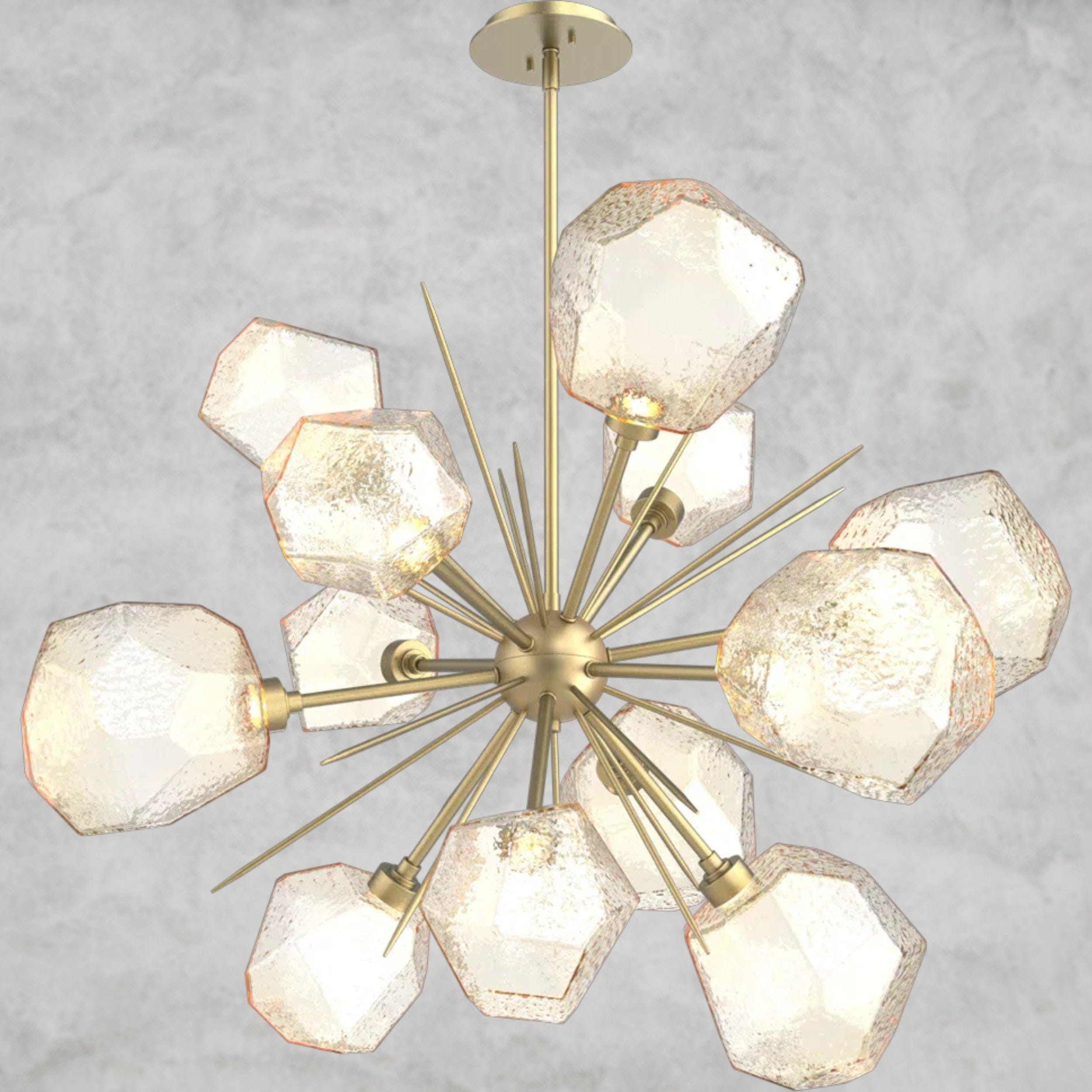 78.3" H x 38.4" Wx 38.4" D / Brass / Amber Glass Gem Starburst Chandelier