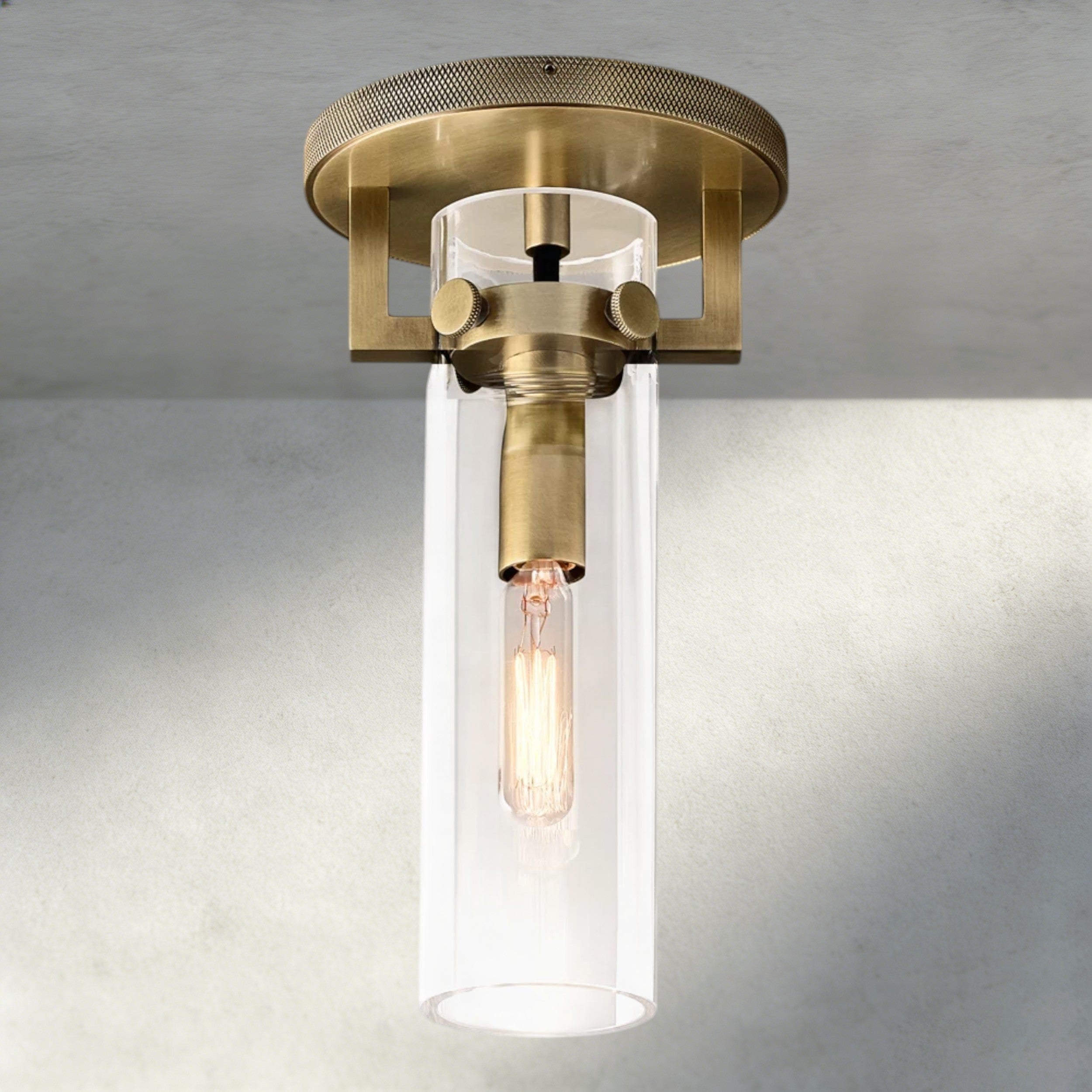 Brass MACHINIST GLASS CYLINDER FLUSHMOUNT