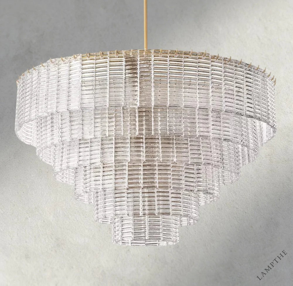 Lampthe Sirene clear glass round chandelier with textured glass cascading in concentric rings. Modernist style.
