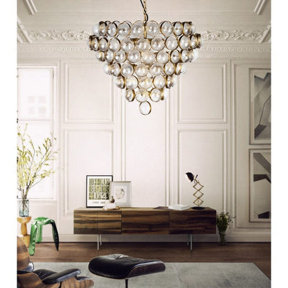 Aged Brass and Textured Glass Large Chandelier