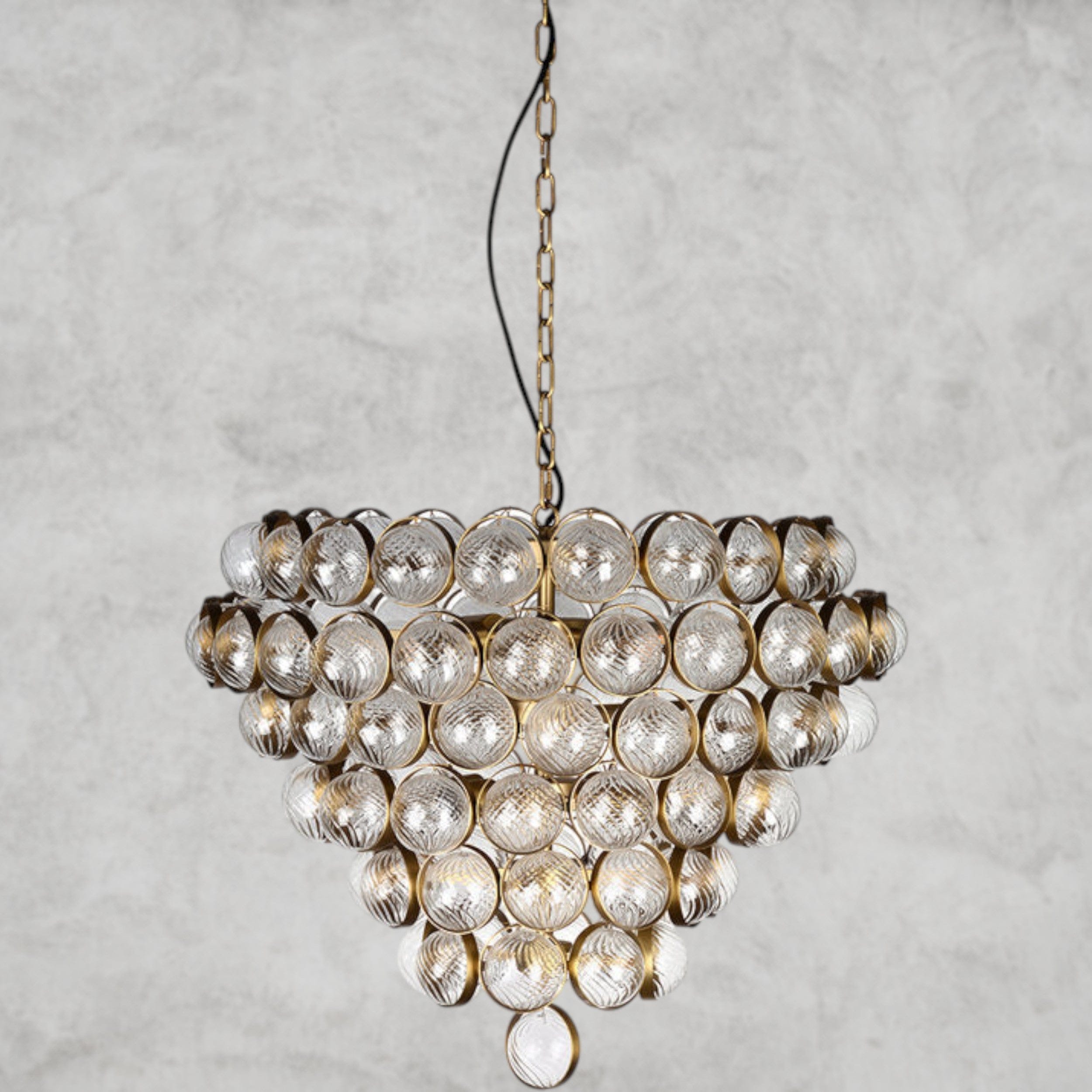 Aged Brass and Textured Glass Large Chandelier