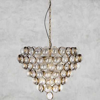 Aged Brass and Textured Glass Large Chandelier