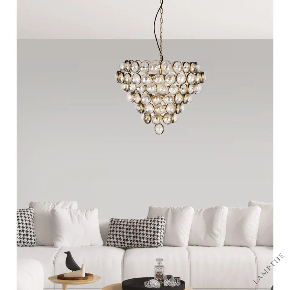 Aged Brass and Textured Glass Large Chandelier