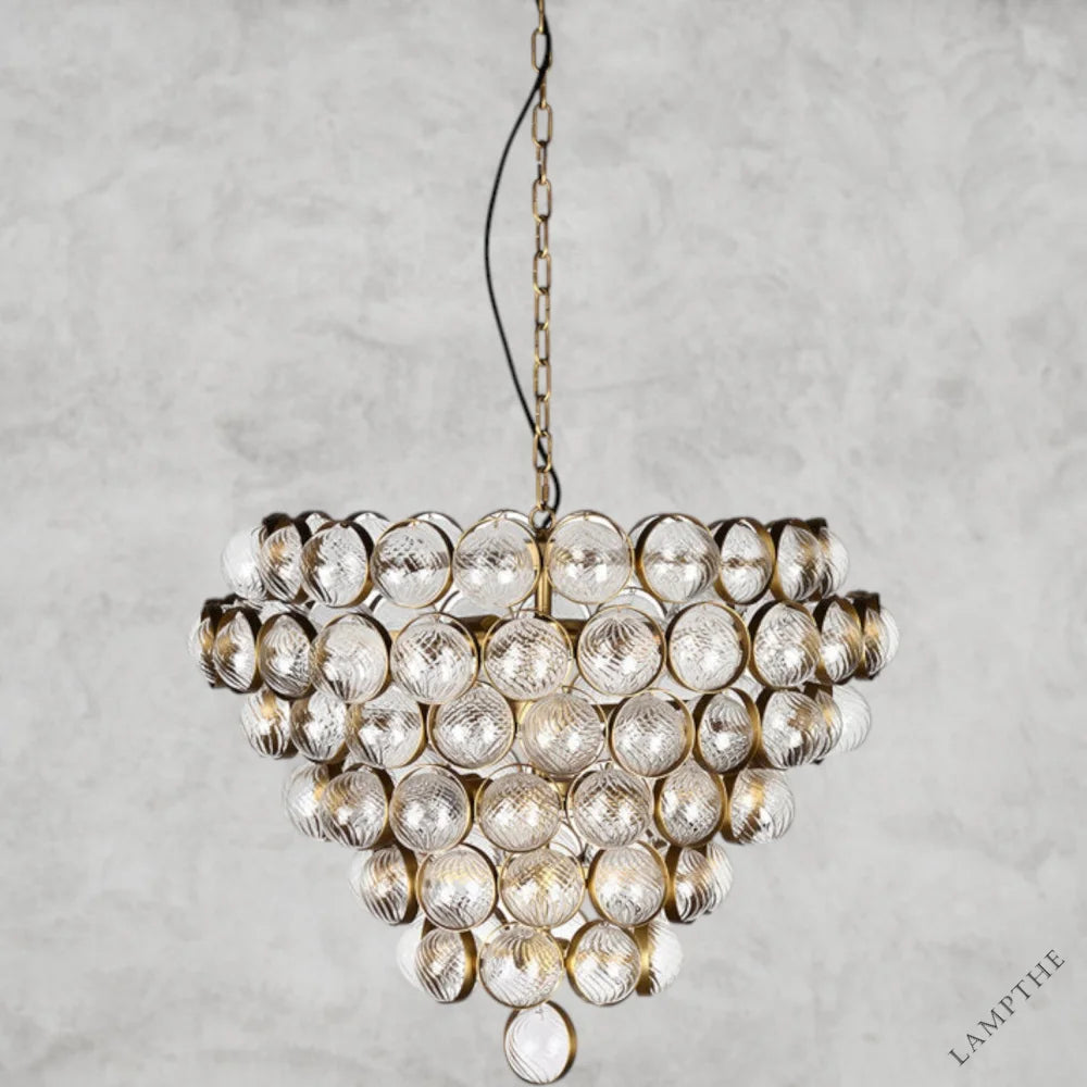 Aged Brass and Textured Glass Large Chandelier