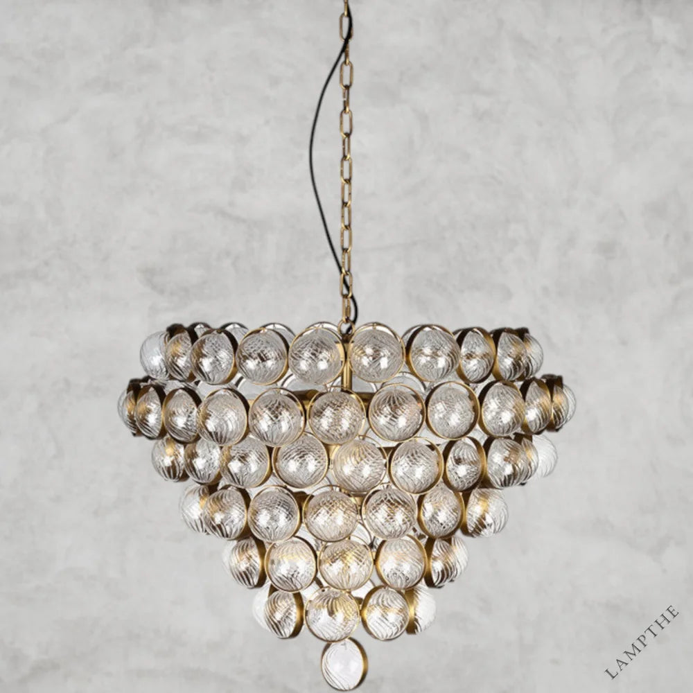 Aged Brass and Textured Glass Large Chandelier