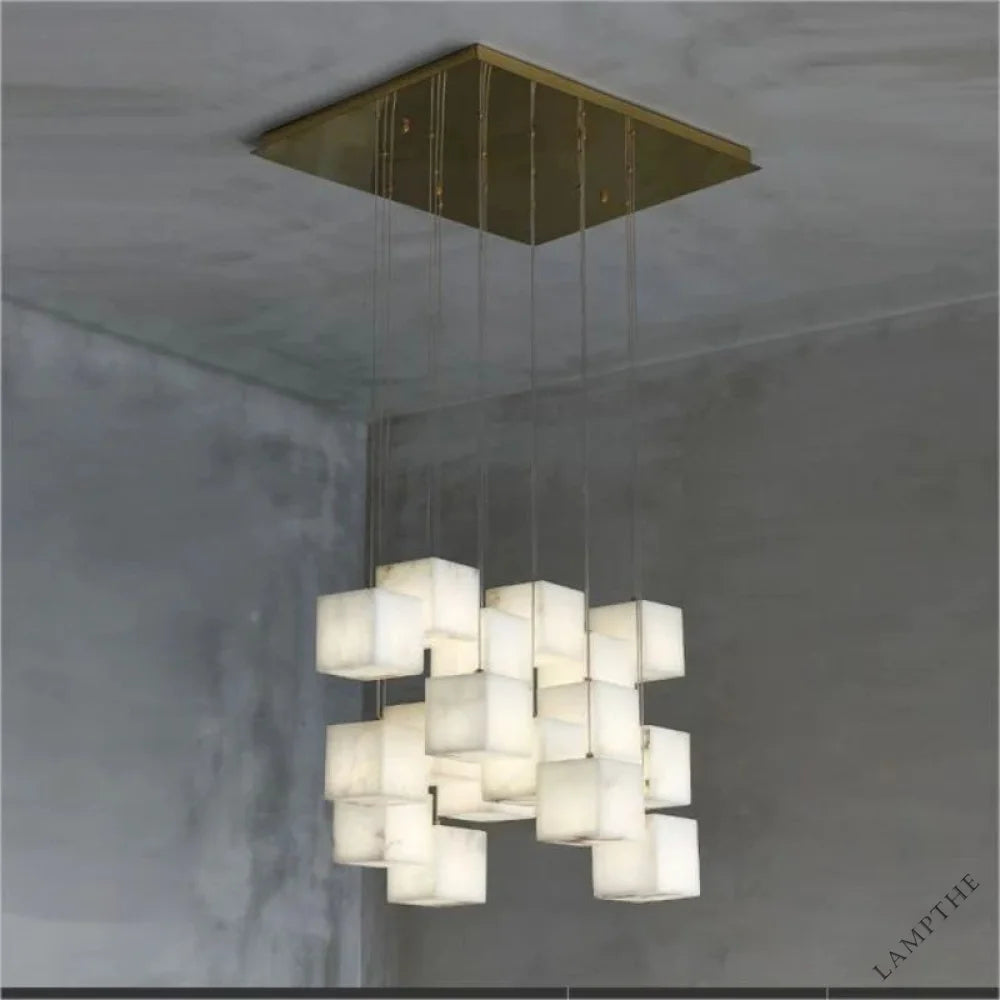 Alabaster Cube Foyer Staircase Long Chandelier