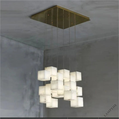 Alabaster Cube Foyer Staircase Long Chandelier