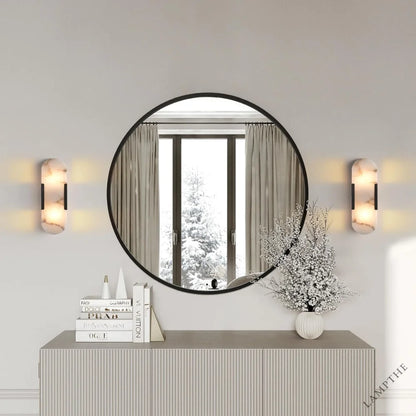 Black Alabaster Wall Sconces Set: Natural Marble Bedside Lighting Fixtures