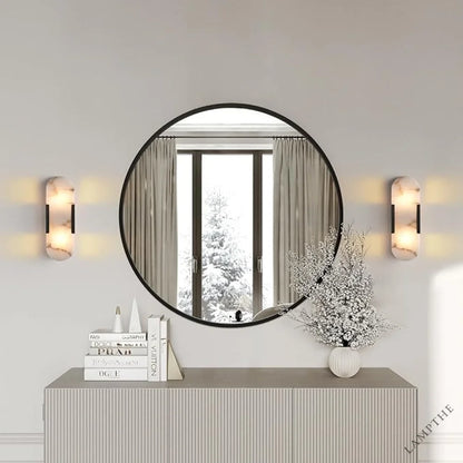 Black Alabaster Wall Sconces Set: Natural Marble Bedside Lighting Fixtures