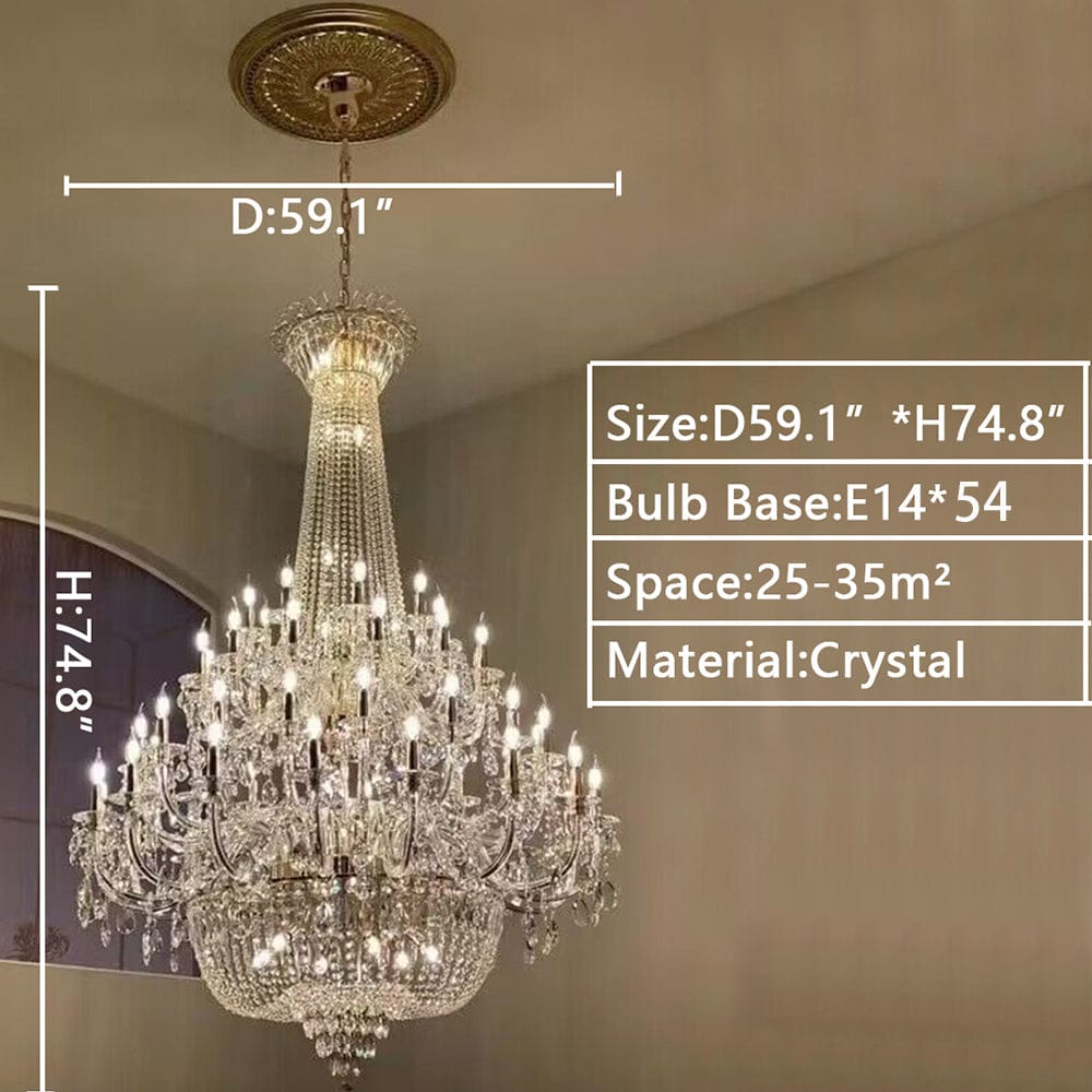 4 Layers / D59.1"*H74.8"/ 54 Lights / Gold / Warm Light Extra Large European-style Multi-layers Candle Luxury Crystal Chandelier Gold Art Foyer/Staircase Decorative Light Fixture