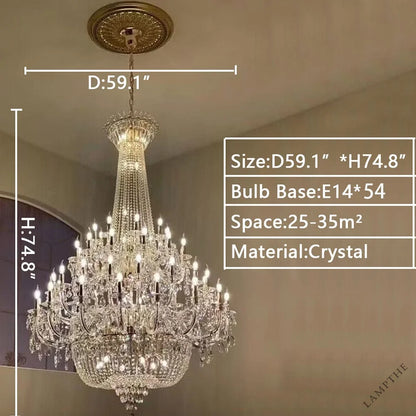 4 Layers / D59.1"*H74.8"/ 54 Lights / Gold / Warm Light Extra Large European-style Multi-layers Candle Luxury Crystal Chandelier Gold Art Foyer/Staircase Decorative Light Fixture