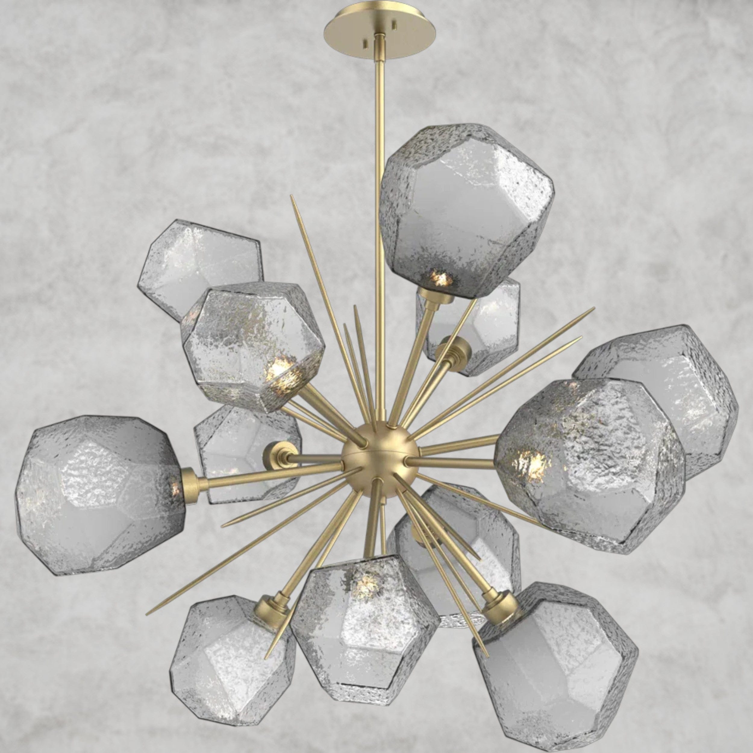 78.3" H x 38.4" Wx 38.4" D / Brass / Smoke Glass Gem Starburst Chandelier