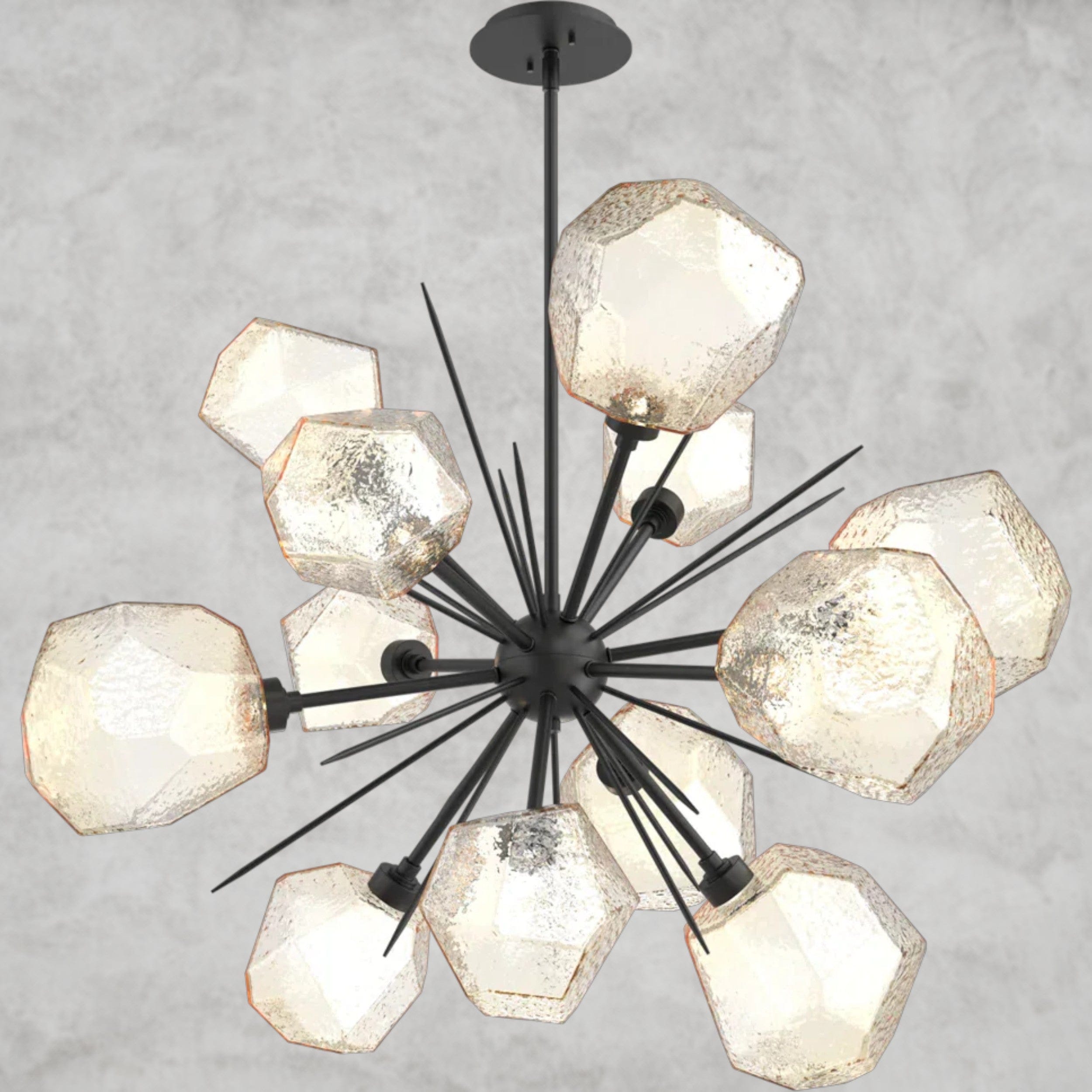 78.3" H x 38.4" Wx 38.4" D / Black / Amber Glass Gem Starburst Chandelier