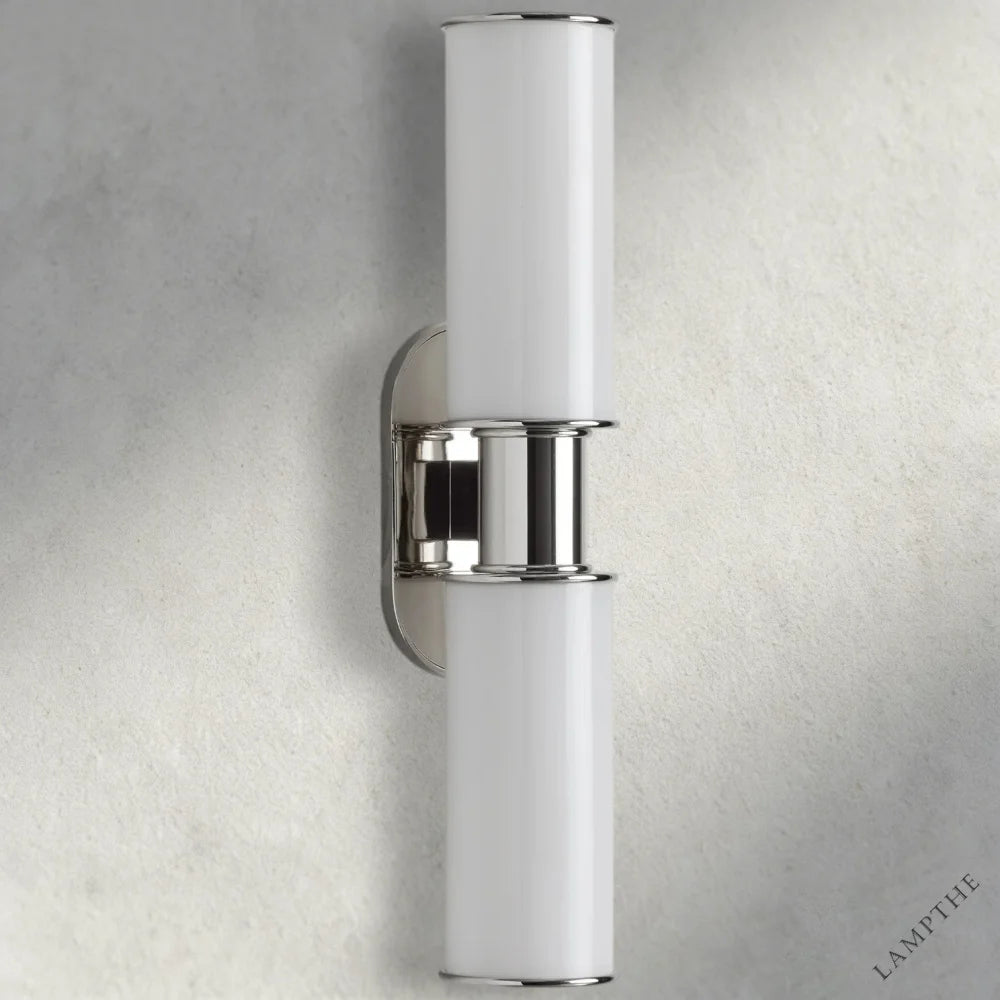 Lampthe Harlin double sconce with milk glass shades and polished chrome accents, modern sophistication.