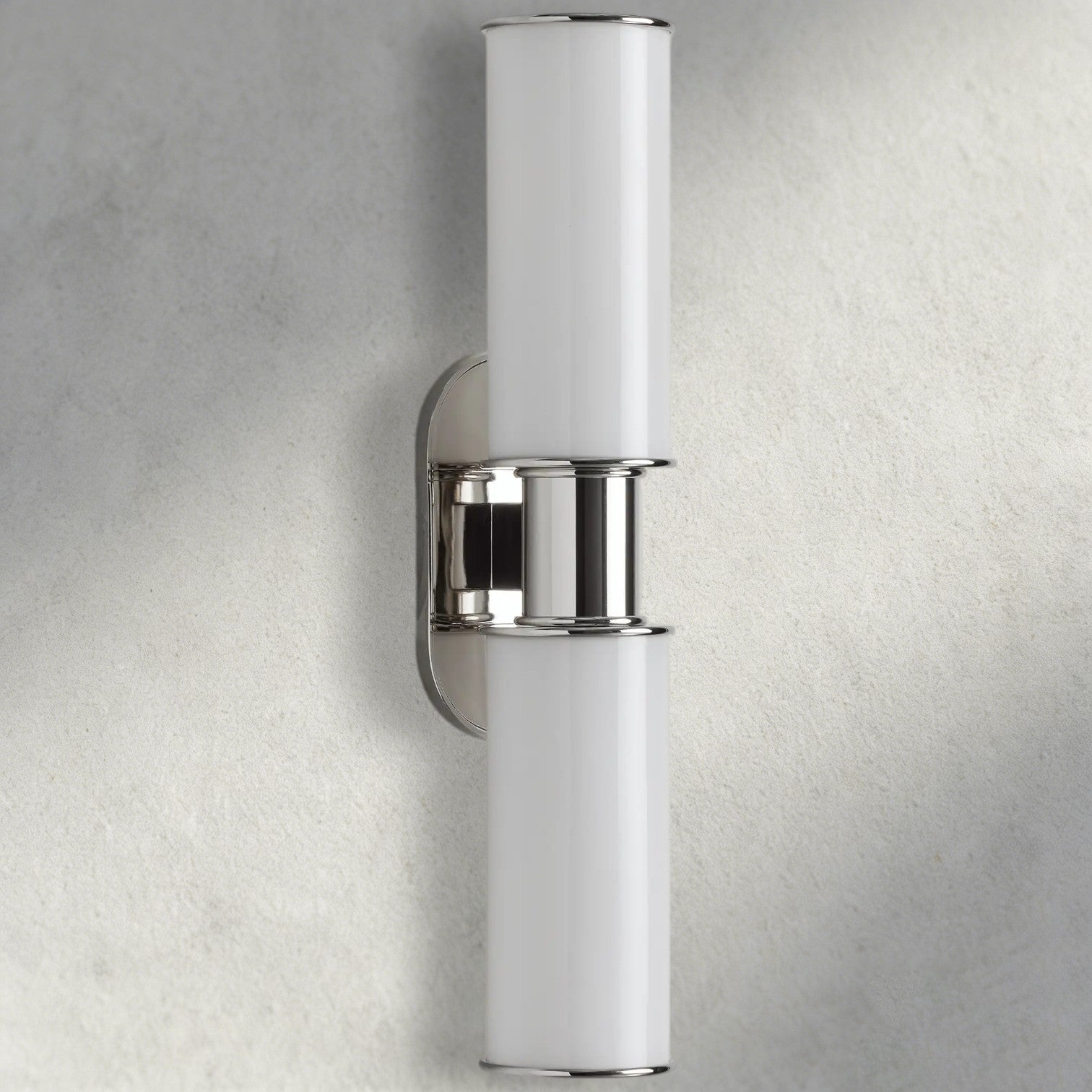Lampthe Harlin double sconce with milk glass shades and polished chrome accents, modern sophistication.