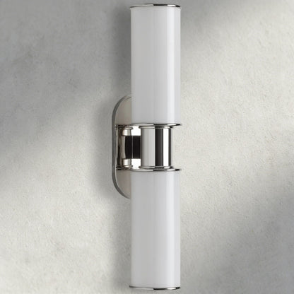 Lampthe Harlin double sconce with milk glass shades and polished chrome accents, modern sophistication.