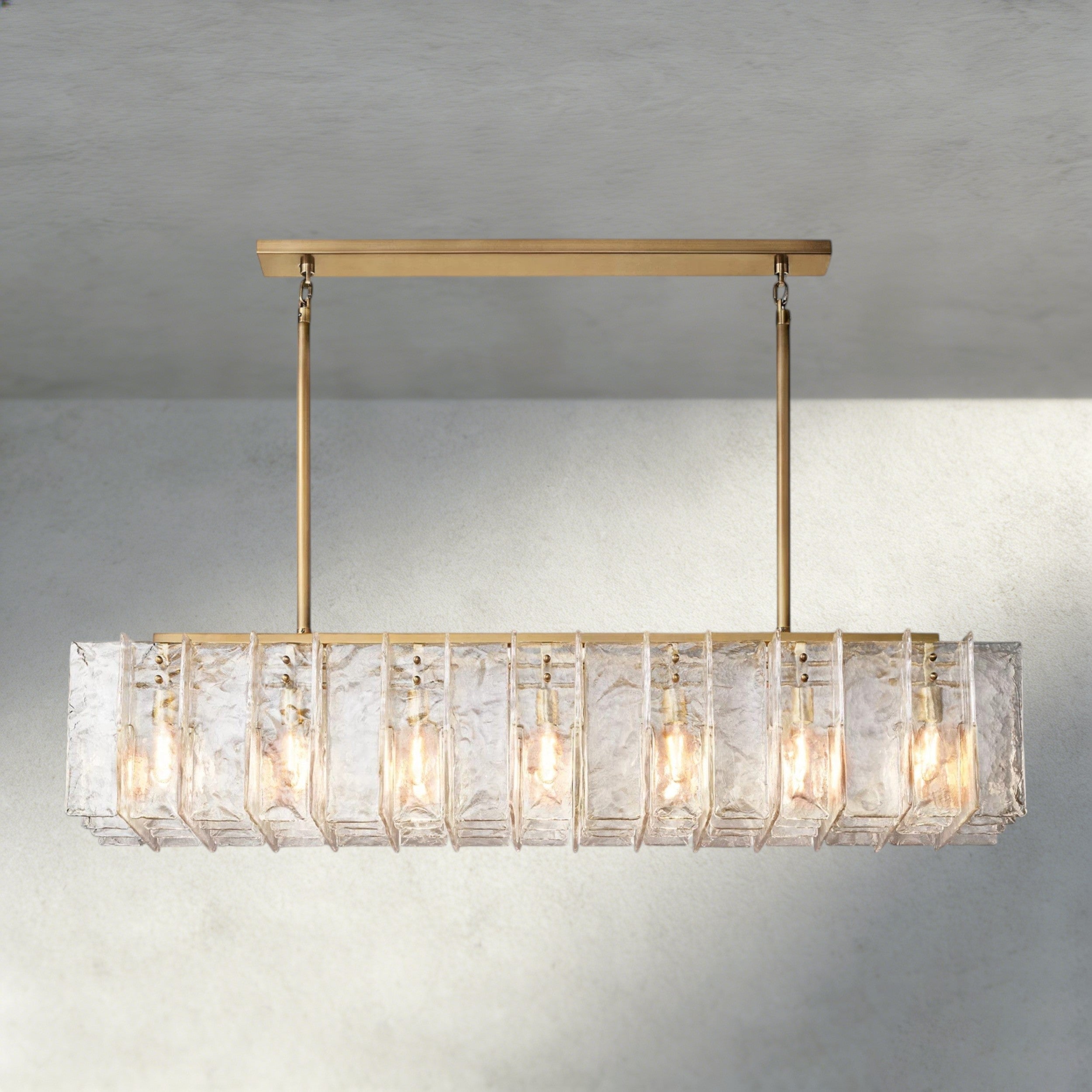 67" / Brass Lattice Clear Glass Rectangular Chandelier 49", 67"