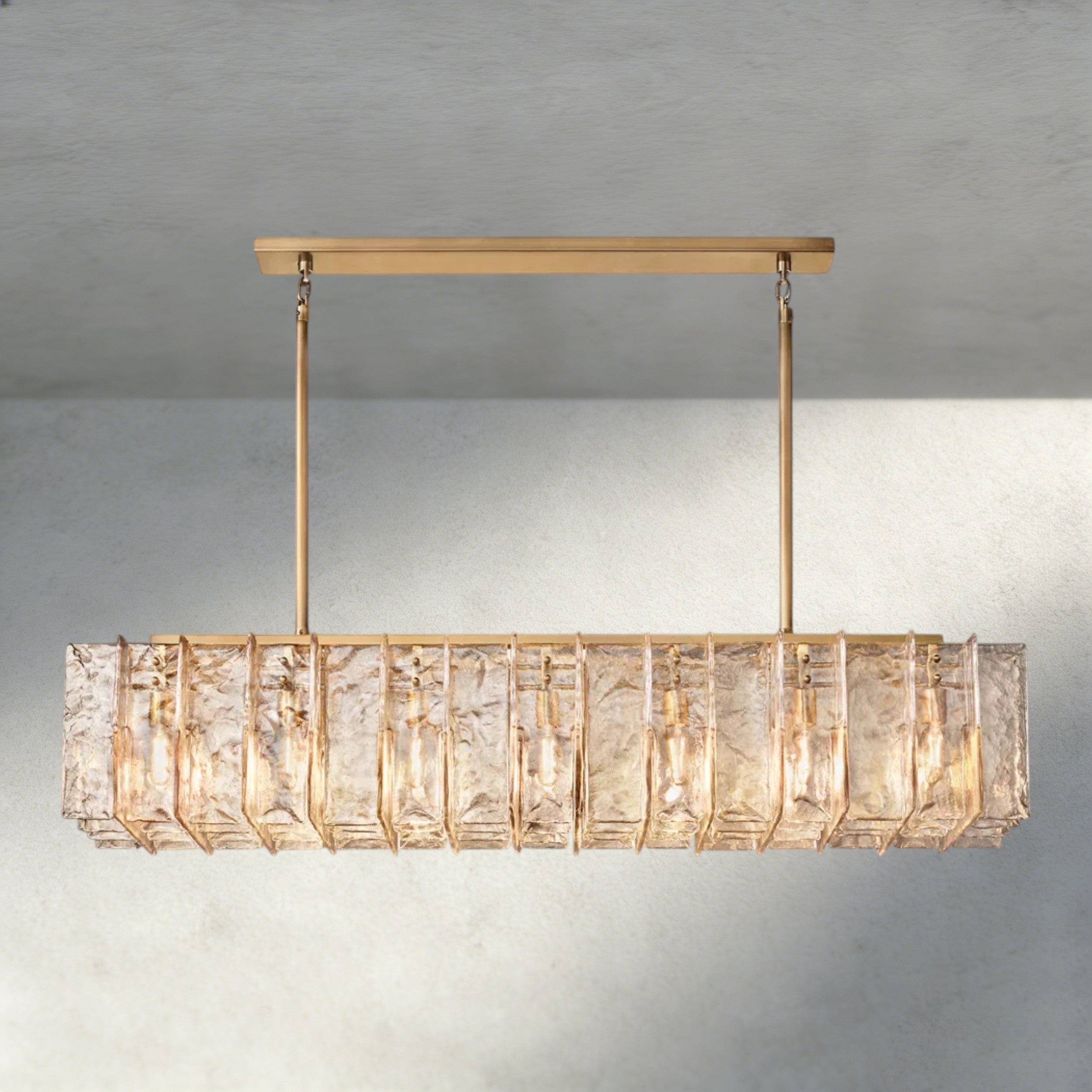 67" / Brass Lattice Smoke Glass Linear Chandelier 49", 67"