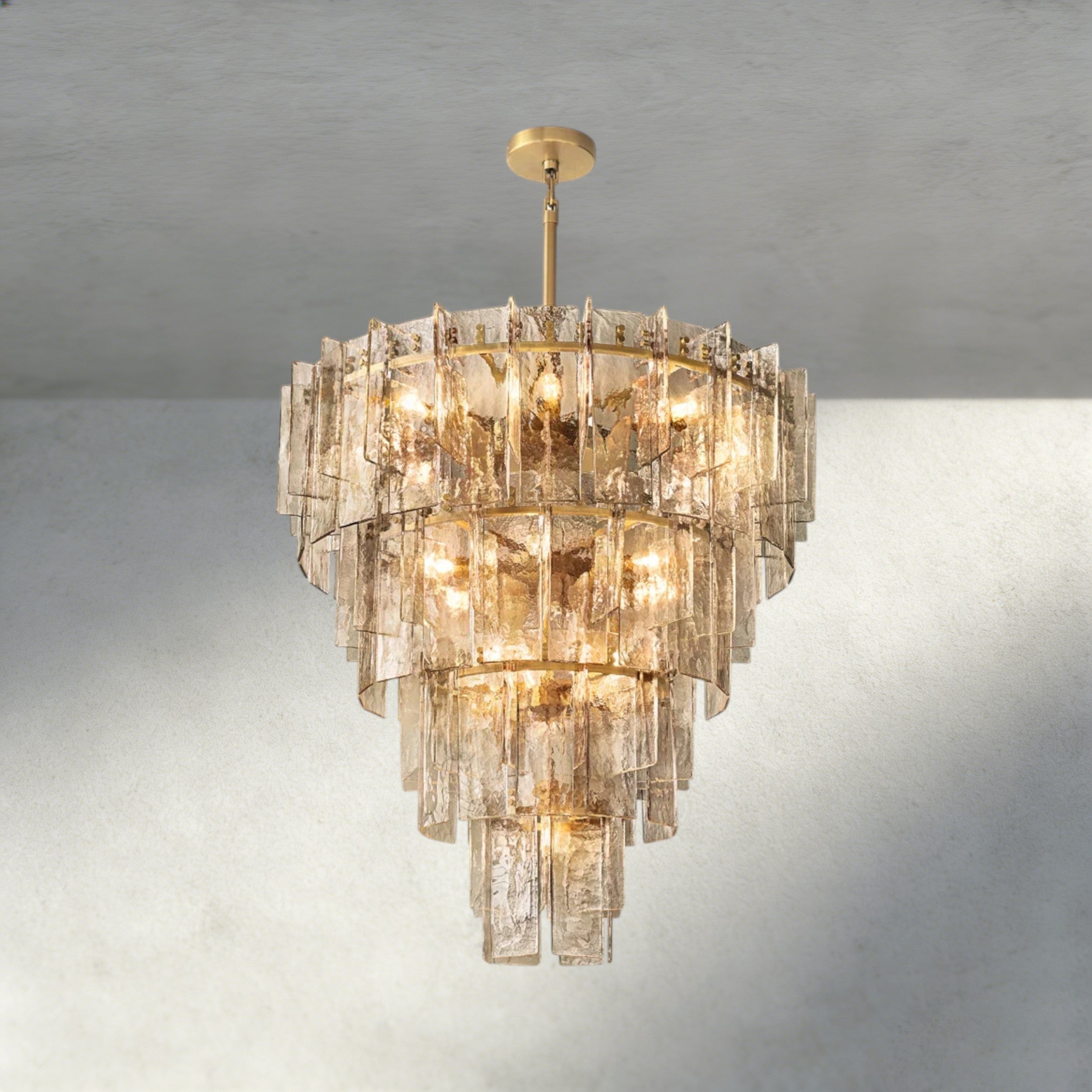47" / Brass Lattice Smoke Glass Tiered Round Chandelier 36", 47"